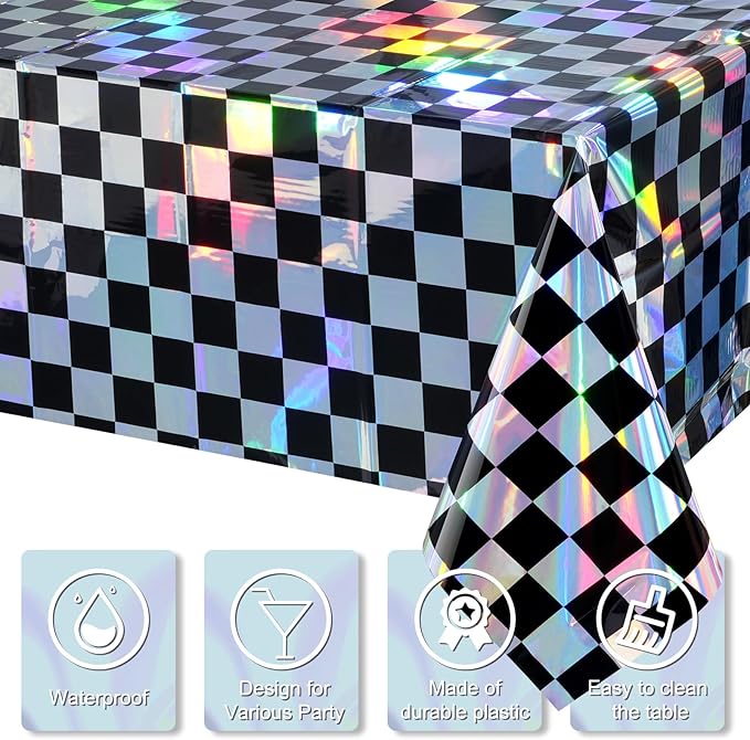 6Pack Black and Iridescent Checkered Plastic Tablecloth, Shiny Disposable Laser Rectangle Table Covers, Holographic Foil Tablecloth Iridescent Party Decorations for Picnic Camping Race Car, 54x108Inch