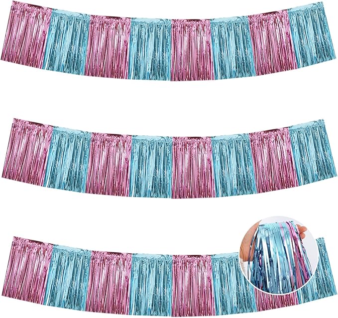 BEISHIDA 3 Packs Metallic Foil Fringe Garland Pink Light Blue Wall Hanging Tinsel Fringe Banners for Car Floats Bridal Shower Wedding Birthday Graduation Holiday Party Decoration(30 Feet)
