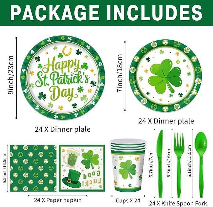 Green Party Supplies Set 168 PCS Clover Tableware Kit Disposable Plates Cups Napkins Cutlery for Birthday Sports Party Lucky Theme Decorations