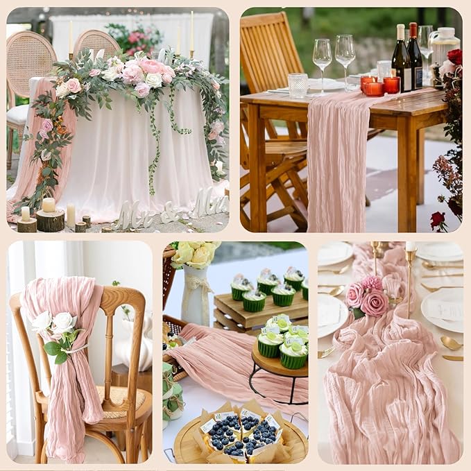 Wokceer Dusty Pink Cheesecloth Table Runner Spring 10FT Boho Gauze Easter Cheese Cloth Table Runner for Party 120 Inches Long Rustic Sheer Runners for Baby Bridal Shower Decor