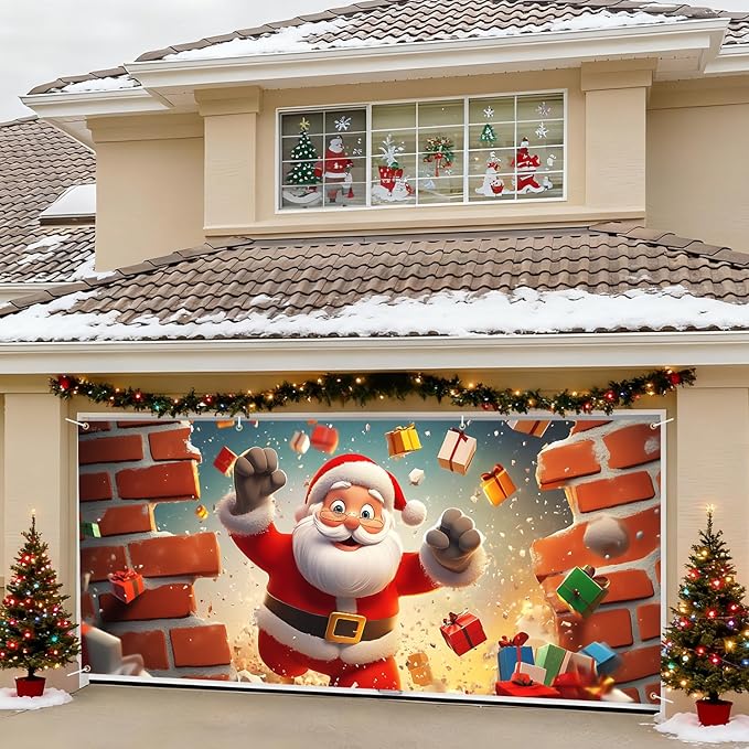 6 x 13 ft Christmas Garage Door Decorations Merry Christmas decorations Xmas Garage Door Cover, Happy New Year Hanging Banner for Home,Outdoor,Indoor,Party (Santa Claus, 6 x 13 ft)