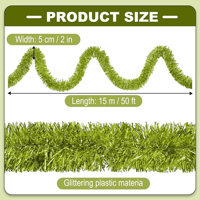 50 Feet Christmas Tinsel Garland, Metallic Twist Garland Wall Hanging Tinsel Garland Backdrop for Parade Floats, Carnival, Birthday, Wedding, New Year Party Decorations (Light Green, 2in x 50ft)