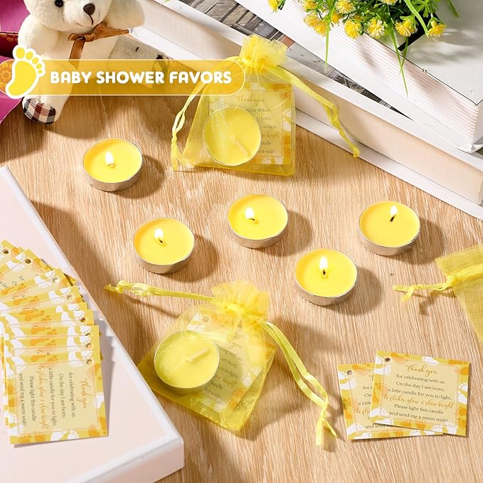 50 Sets Baby Shower Party Favors Including 50 Pcs Unscented Tealight Baby Shower Candles Gift Bags Cards for Gender Reveal Party Supplies(Yellow)