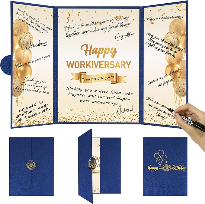 DARUNAXY Blue Gold Happy Workiversary Party Decorations, Happy Work Anniversary Alternative Signature Guest Book for Men Women Employee Business Gifts Signing Card Board for Office Supplies