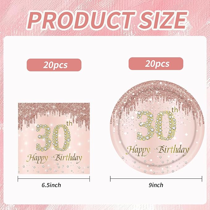 30th Rose Gold Birthday Plates and Napkins, 9 Inch Pink Rose Gold Disposable Dinner Dessert Plates Happy 30th Birthday Party Supplies Decorations for Girls Women