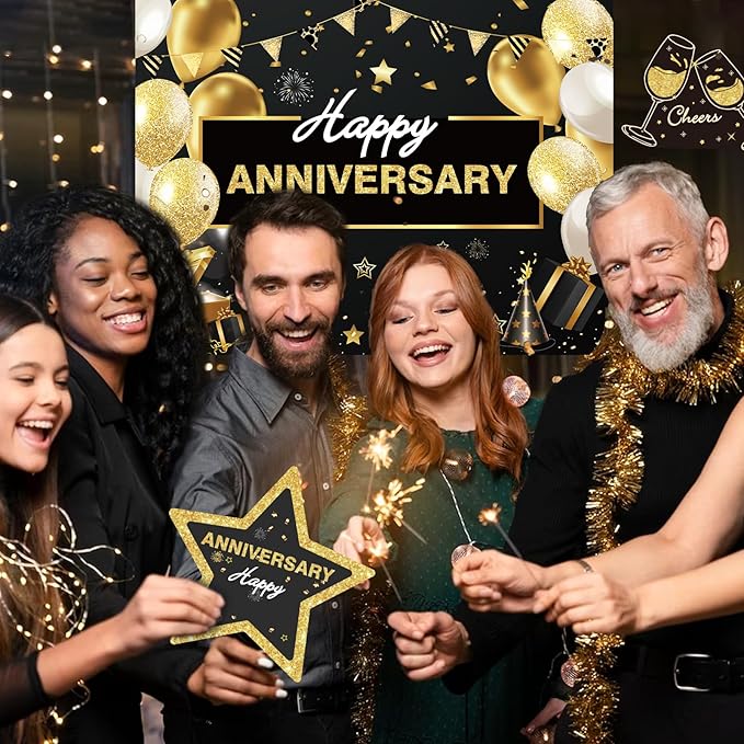 6pcs Happy Anniversary Wedding Yard Sign Decorations Outdoor, Gold Black Lawn Yard Sign with Stakes and for Married Men Women Wedding Birthday Decor Outdoor Party Supplies