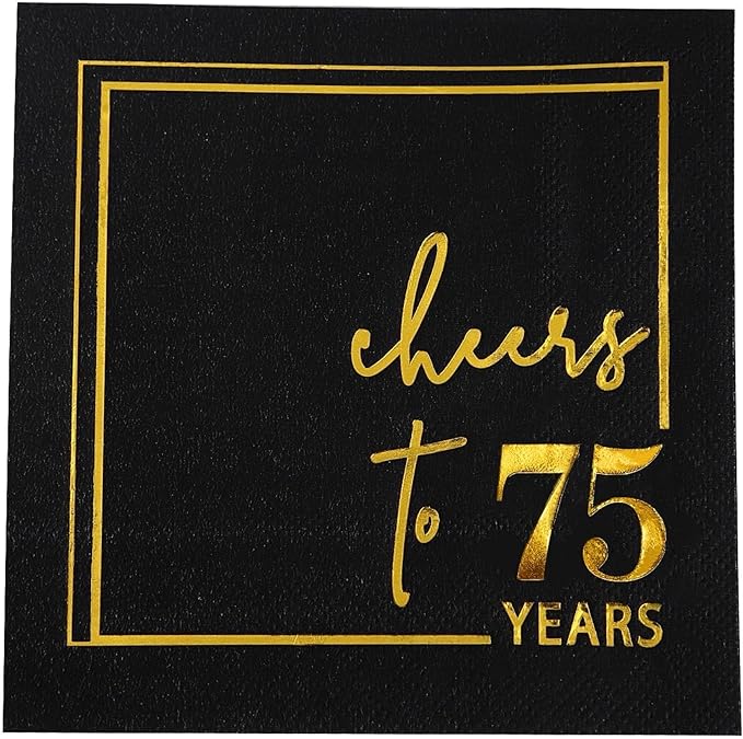 Cheers to Years Cocktail Napkins - 50 PK - 3-Ply Birthday Napkins 5x5 Inches Disposable Party Napkins Beverage Paper Napkins or Birthday Decorations Wedding Anniversary Black and Gold (75 Years)