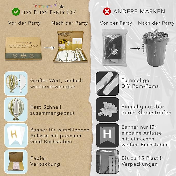 Premium Reusable Birthday Decorations - Multi-occasion Happy Birthday Banner also spells Party Day + more, Fast Assembly with Velcro - White and Gold Party Decorations for Men and Women