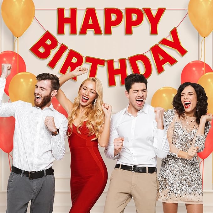 Happy Birthday Banner - 9ft Pre-Strung Happy Birthday Sign for Women, Men, Girls, Boys - No DIY Birthday Decorations & Party Supplies(Red)