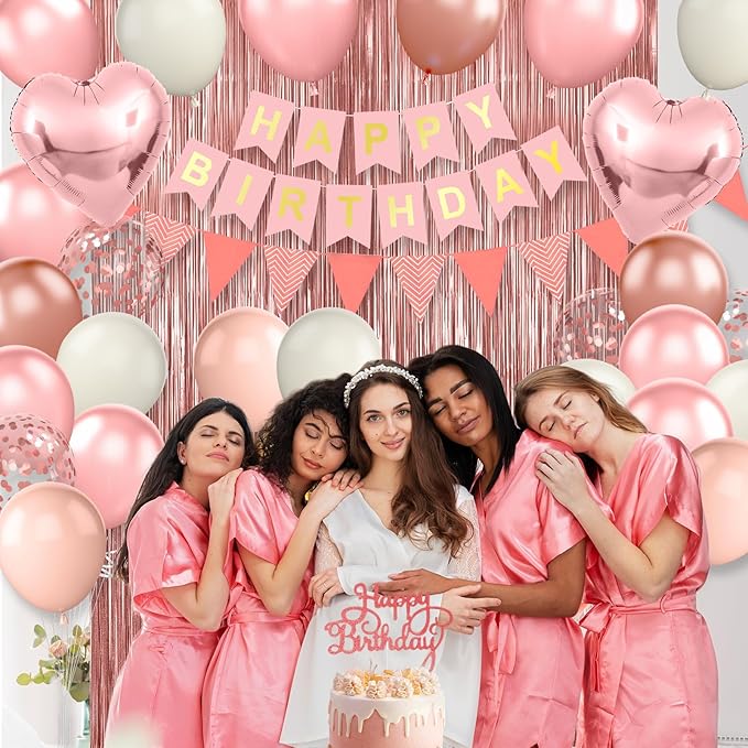 Dusty Pink Birthday Decorations,Happy Birthday Banner Pink Rose Gold Sand Boho Balloons Fringe Curtain Heart Foil Balloons for Women Girl Boys Baby Shower