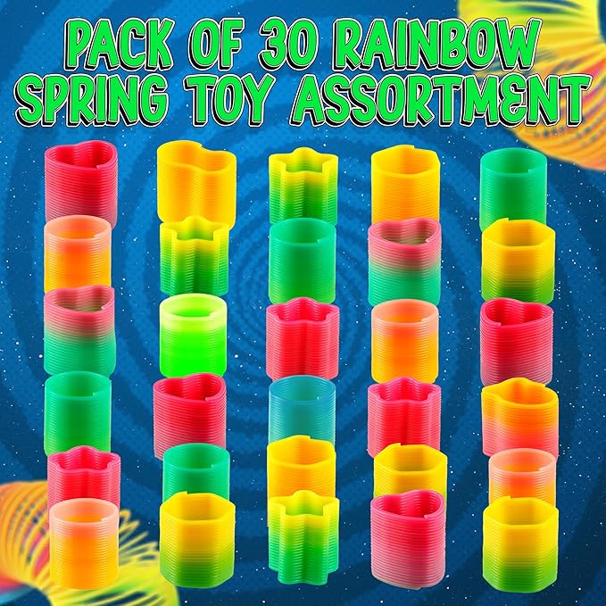 Bedwina Rainbow Spring Toy Assortment - (Pack of 30) Mini Plastic Coil Spring Toy - Bright Colors and Shapes, Goody Bag Filler, Party Prizes and Stocking Stuffers for Kids