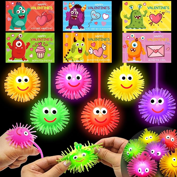 24 Pack Valentines Day Gifts for Kids, LED Puffer Balls with Valentines Cards for Kids Stress Relief Balls Bulk Glow In The Dark for Boys Girls Classroom Exchange Prizes Party Favors Toys