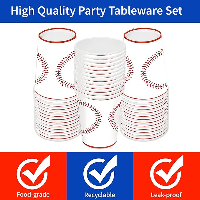 120pcs Baseball Party Supplies Birthday Plates Napkins Cups Red Forks Sports Birthday Party Decorations Paper Dessert Tableware Set for 24 Guests