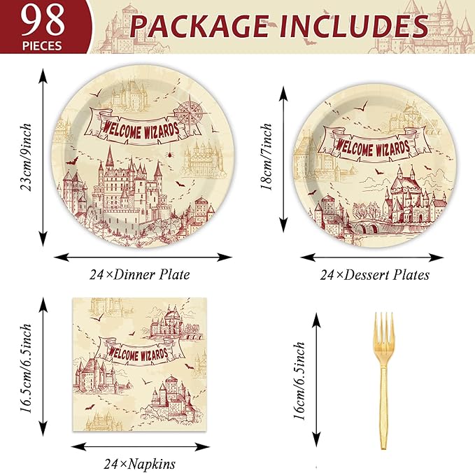 chiazllta 96 Pcs Wizard Party Paper Plate and Napkins Magical Wizard Tableware Wizard Theme Party Plates Vintage Castle Birthday Plates and Welcome Wizard Napkins Plates for Party Favors 24 Guests