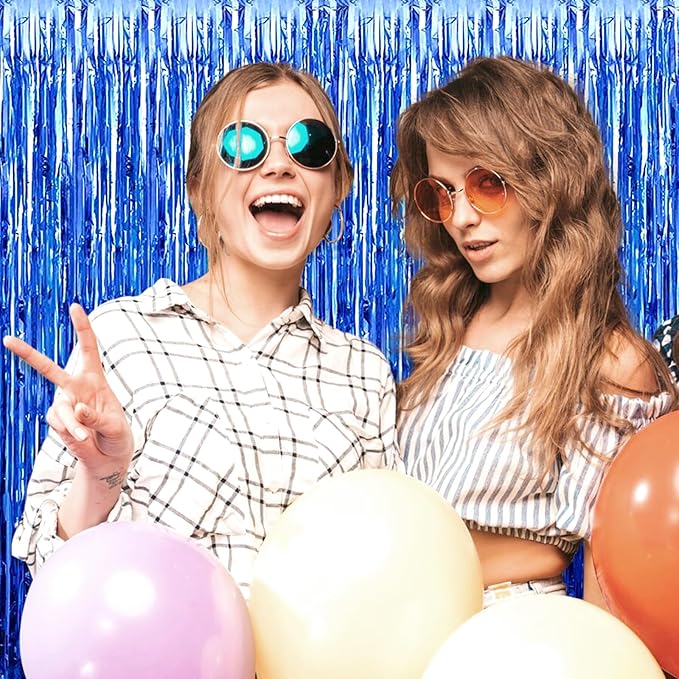 3 Pack Blue Foil Fringe Curtain Backdrop, 3.28Ft x 6.6Ft Metallic Tinsel Foil Fringe Streamer Curtains for Photo Booth, Christmas Day, Thanksgiving, Wedding, New Year Party Decorations