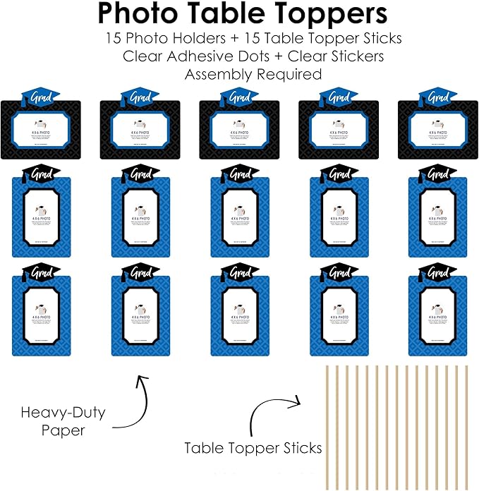 Blue Graduation Party Decoration, Photo Display Centerpiece Kit, 15 Double-Sided Photo Table Topper Sticks, Vertical and Horizontal 4x6 Picture Holders - Blue Grad