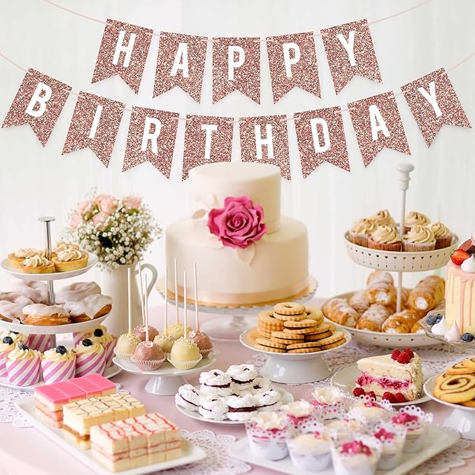 Pre-strung Happy Birthday Banner - No DIY - Rose Gold Glitter Birthday Party Banner - Pre-strung Garland on 6 ft Strands - Rose Gold Bday Party Decorations & Decor. Did We Mention No DIY