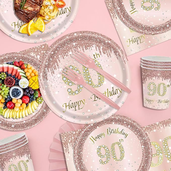 121Pcs 90th Birthday Party Supplies Plates Napkins Cups Forks Tablecloth Rose Gold Happy 90th Birthday Themed Disposable Tableware Decorations Serves 24 Guests for Women 90 Years