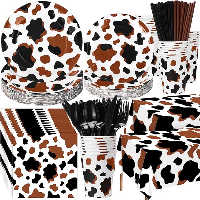 452 Pcs Cow Print Party Decorations Supplies Include Brown Cow Print Paper Plates Napkins Cups Tablecloth Cutlery Straws for Western Rodeo Birthday Baby Shower Animal Farm Party Decorations