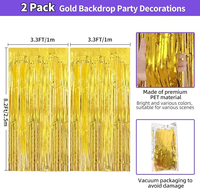 Gold Tinsel Backdrop Easter Decorations 3.3x8.2 ft, 2 Pack Foil Fringe Curtains for New Year, Photo Booth Props Door Streamers for St Patricks Day Birthday Thanksgiving Christmas Halloween Party