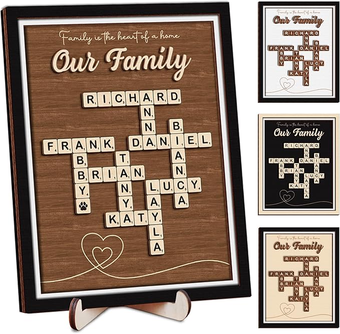 Custom Scrabble Family Name Frame Gifts from Daughter Nana Scrabble Puzzle Sign Wall Art, Grandkid Crossword Tiles Plaque, Letter Sign with Pet Dog & Cat Names, Mothers Day Birthday Gifts for Mom, Kids, Families Wall Decor