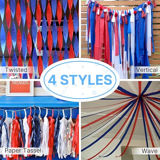 PartyWoo Red and Blue Crepe Paper Streamers 4pcs 328ft Pack of Red and Blue Crepe Paper Streamers for Birthday Engagement Baby Shower Bachelorette Graduation Wedding Independence Party Decorations
