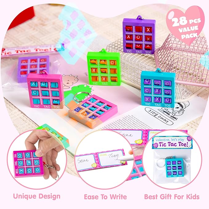 JOYIN 28 Pcs Valentine's Day Tic-tac-Toe Keychains with Bags & Tags, Plastic Tic Tac Toe Game Favors with 4 Colors, Valentines Day Gifts Card for Kids Boys Girls Classroom Prize Goodie Bag Stuffers