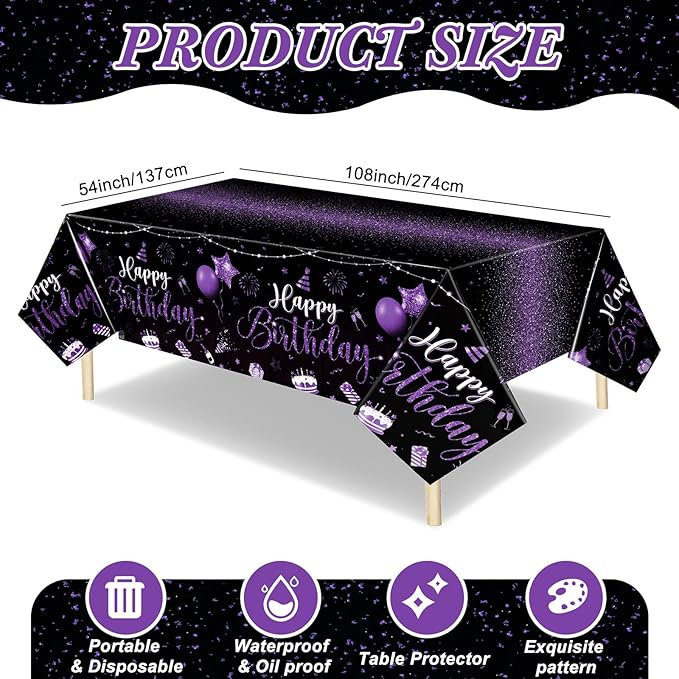 Tudomro 1 Pcs Happy Birthday Tablecloths Happy Birthday Party Decorations Plastic Table Cover Rectangular Cloths for Women Men Baby Shower Party Supplies, 108 x 54 Inch (Black Purple)