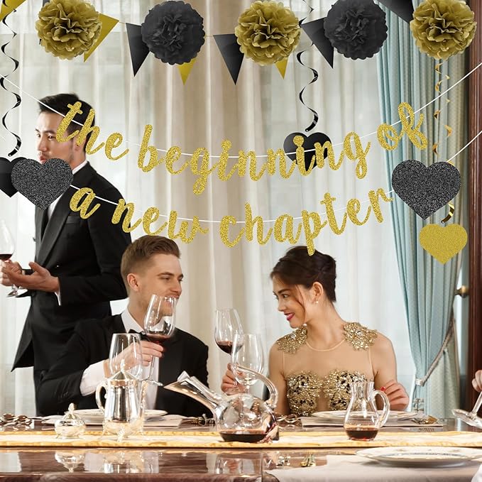 The Beginning of a New Chapter Banner Funny Going Away Party Graduation Happy Retirement Party Decorations Supplies Glitter Black Gold Goodbye Farewell Party Decoration for Coworker Friends Graduates