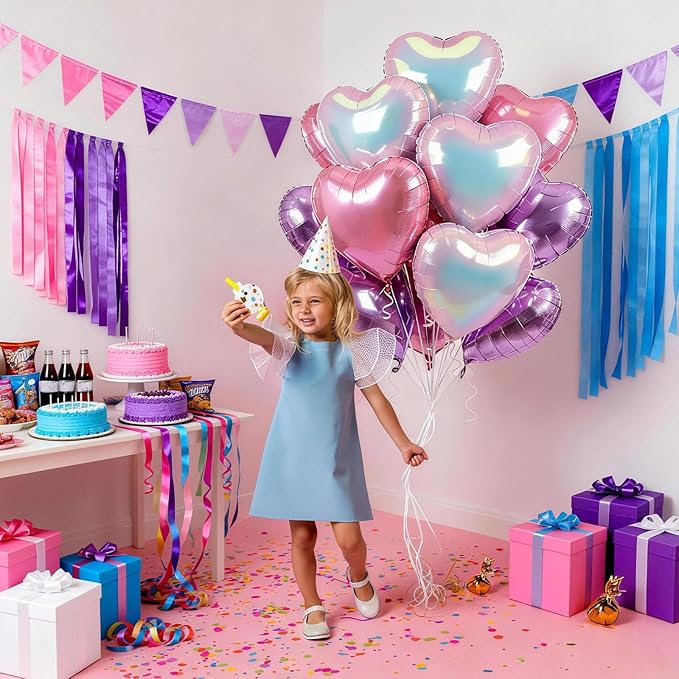 Pink Purple Iridescent Heart Balloons, 12 Pcs Light Pastel Pink Lavender and Transparent Crystal Heart Shape Foil Balloon for Princess Birthday Baby Shower Bachelorette Easter Mother’s Day Music Party