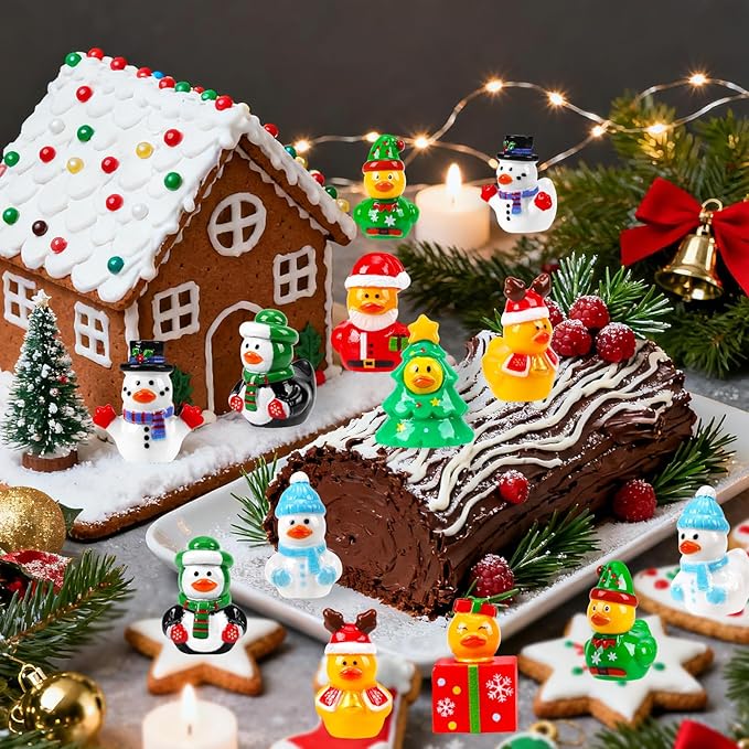 200Pcs Christmas Mini Ducks 8 Style Miniature Resin Ducks Bulk Xmas Tree Snowman Santa Reindeer Elf Gift Box Duck Figurines for Christmas Holiday Party Gifts Stocking Fillers Dollhouse Decorations