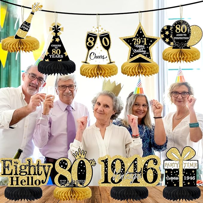 9Pcs 80th Birthday Decorations Honeycomb Centerpieces for Men Women, Black Gold Happy 80th Birthday Centerpieces Tables Toppers Party Decorations Supplies,Vintage 1946 Aged Table Sign Decor