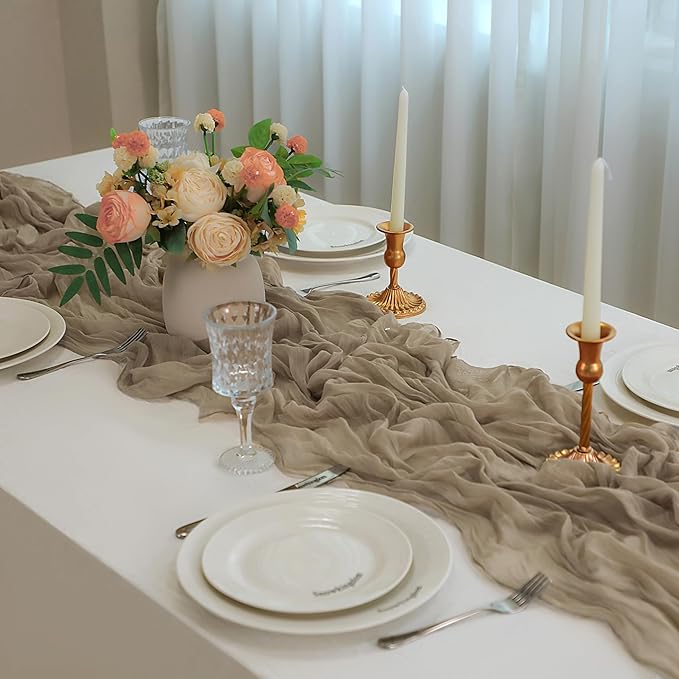 Snowkingdom 6PCS Light Brown Christmas Cheesecloth Table Runner, 120 inch Long Tan Boho Gauze Sheer Runner for Wedding Baby Shower Birthday Xmas Holiday Party Table Decorations