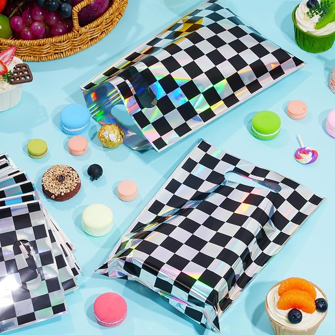 FunnyPars 30 Pcs Iridescent Checkered Race Car Party Favor Bags, Plastic Black and Iridescent Car Goodie Treat Bags, Racecar Laser Plaid Gift Bags for Kids Fast Race Car Birthday Party Decorations
