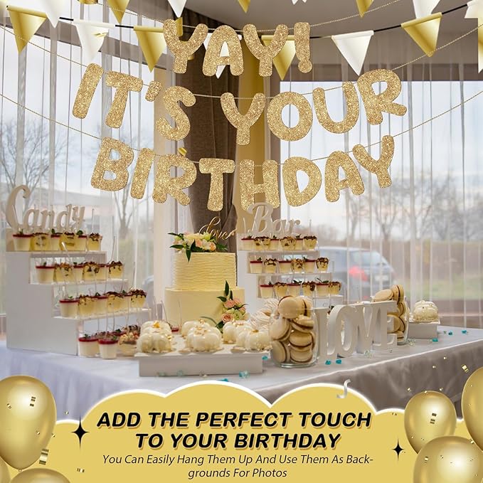 Fulmoon Pre Strung Yay It's Your Birthday Banner Glitter Happy Teen Boys Teen Girls Adult Banner Glitter Funny Birthday Party Decorations(Champagne Gold)