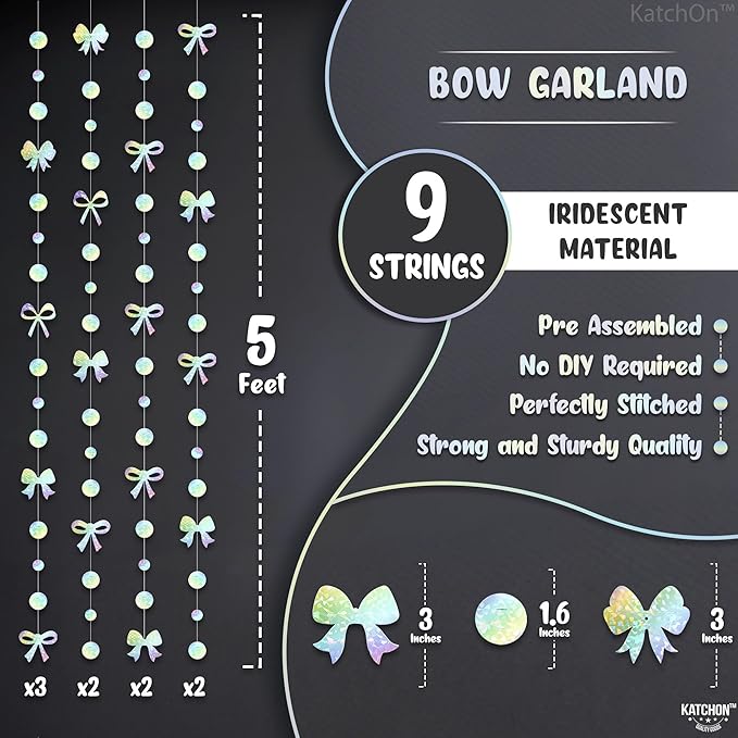 Katchon, Iridescent Bows Garland - Pack of 9 Strings, 5 Feet | Bow Garland, Bachelorette Party Decorations | Bridal Shower Backdrop, Bridal Shower Decorations | Wedding Decor for Bow Party Decorations