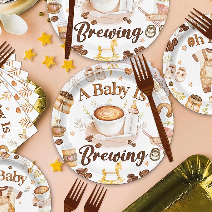 168PCS Coffee Baby Shower Party Supllies for Boys Girls A Baby Is Brewing Party Decorations Coffee Themed Tableware Plates Cups Napkins Cups Forks Knives and Straws Dinnerware for 24 Guests