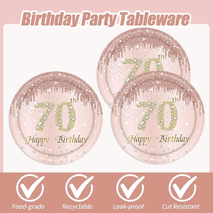70th Rose Gold Birthday Plates and Napkins, 9 Inch Pink Rose Gold Disposable Dinner Dessert Plates Happy 70th Birthday Party Supplies Decorations for Girls Women