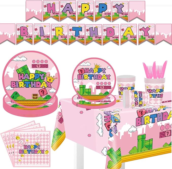122Pcs Super Bros Peach Party Disposable Tableware Supplies Girls Princess Birthday Table Decoration Kit for 20-Guests Includes Banner, Tableloth, Plates, Cups, Napkins, Forks and Knives