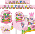 122Pcs Super Bros Peach Party Disposable Tableware Supplies Girls Princess Birthday Table Decoration Kit for 20-Guests Includes Banner, Tableloth, Plates, Cups, Napkins, Forks and Knives