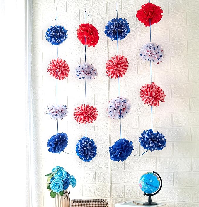 Homarkable Blue Red Tissue Paper Pom Pom Garlands, Tissue Flower Garland for Birthday Decorations, Baby Shower, Spring Summer Party Decorations