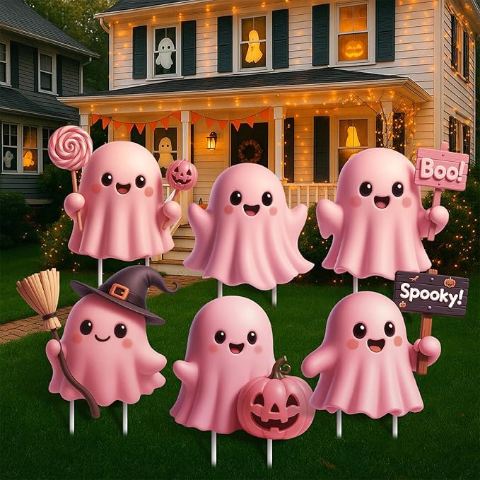6 Pcs Halloween Ghost Yard Signs Lawn Outdoor Decorations 3D Ghost Yard Stakes for Halloween Home Front Yard Garden Party Supplies (Pink)