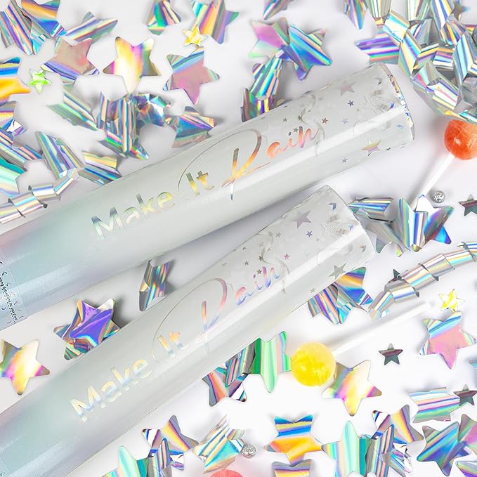 PrimePure Confetti Cannon Party Poppers - Holographic Silver Stars Confetti Popper - 2 Pack - Party Cannon Silver Glitter Star Pop Gun for Birthday, Wedding, Graduation, Celebration, Pranks