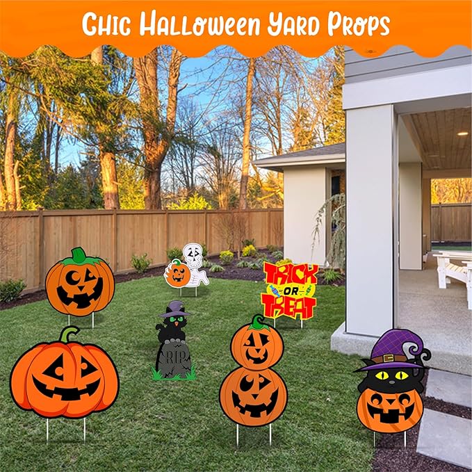 Halloween Pumpkin Decorations, Halloween Outdoor Yard Signs, Monster Stakes for Lawn Garden Decor with Pumpkin, Black Cat, Skull, TRICK OR TREAT 6 pcs