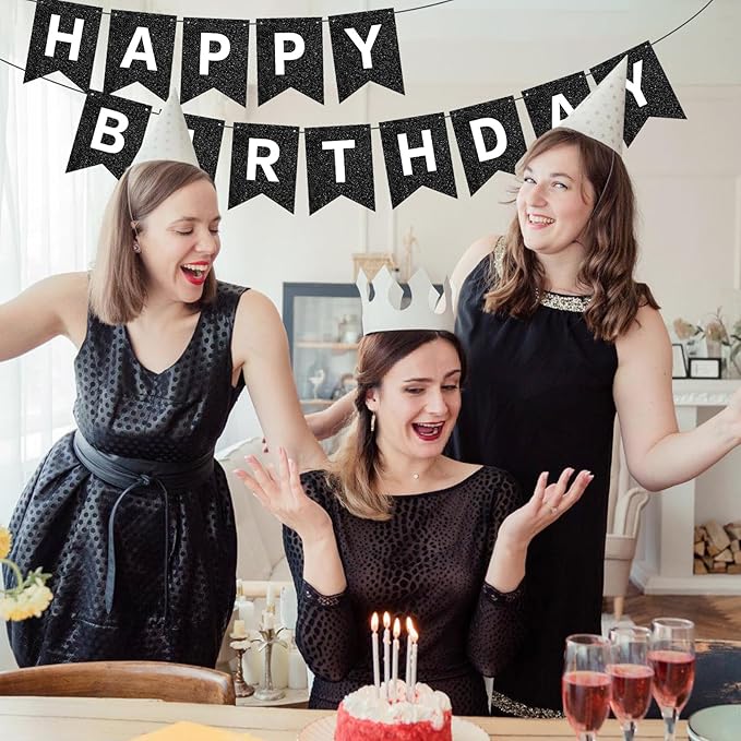 Hooqict Black Happy Birthday Banner Sign for Backdrop Black Birthday Decorations for Men Women Party Supplies Wall Door Banner Garland Bunting Flag