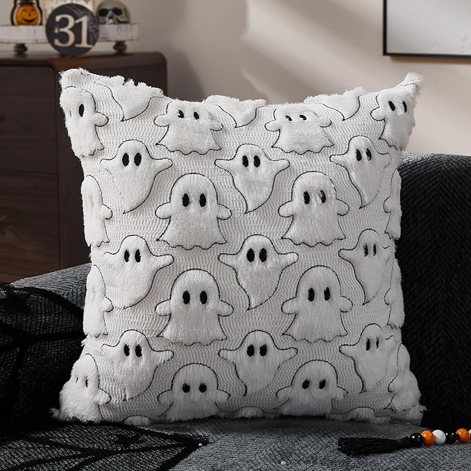 DFXSZ Halloween Pillow Covers 16x16 inch Set of 2 White Black Ghost Throw Pillow Cases Soft Plush Faux Fur Wool Couch Cushion Case for Chair Sofa Bedroom Living Room Home Decor PTK03J16