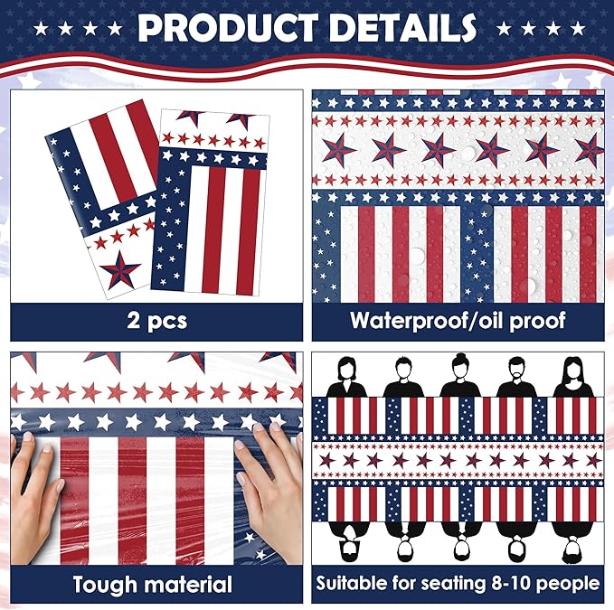 OHOME 4th of July Decorations - Red White and Blue Tablecloth for Memorial Day - Fourth of July Accessories for Home Outdoor | 250 America Anniversary USA Patriotic American Flag Party Favors,2 Pack