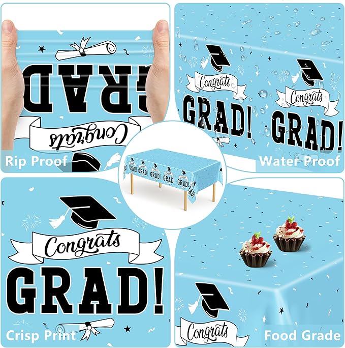 2Pcs Graduation Tablecloths, 108" X 54" Skyblue Graduation Table Decorations 2026, Rectangle Table Cloths for Class 2026 Congrats Grad, Disposable Plastic Tablecover for Grad Decor Party Supplies