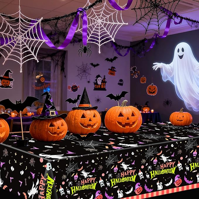 Halloween Tablecloth Plastic Disposable – 3 Pack 54 x 108 Inch Rectangle Table Covers – Witches, Skulls, Pumpkins & Spider Webs – Halloween Table Decorations for Party or Dining