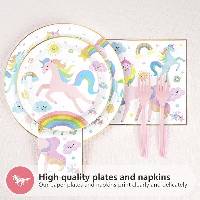 96Pcs Magical Pastel Unicorn Birthday Party Decorations 350 GSM Colorful Rainbow Unicorn Plates and Napkins Tableware Sets for Girls Baby Shower Birthday Party Supplies Serves 24